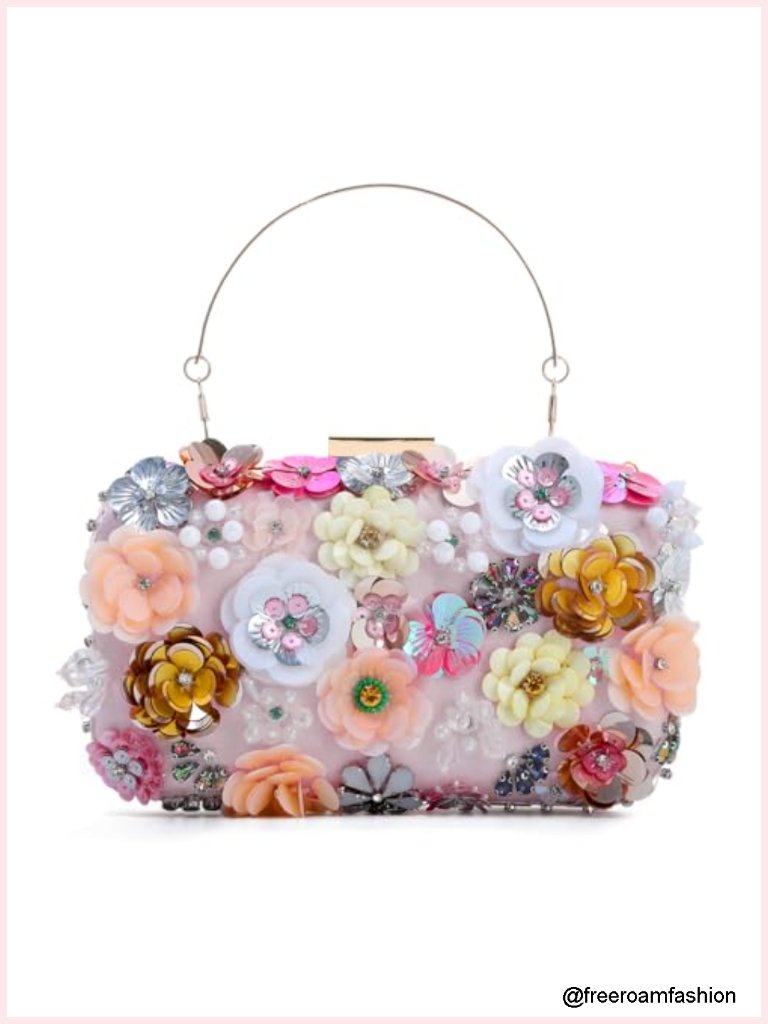 Beaded Floral Clutch Evening Bag With Chain
